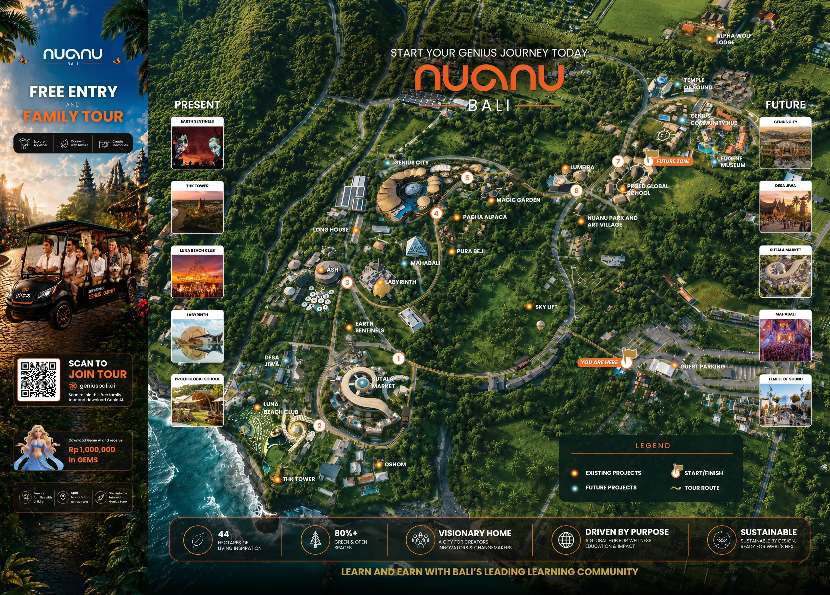 Map of Nuanu City Bali showing the 7 stops of the Genius Journey buggy tour